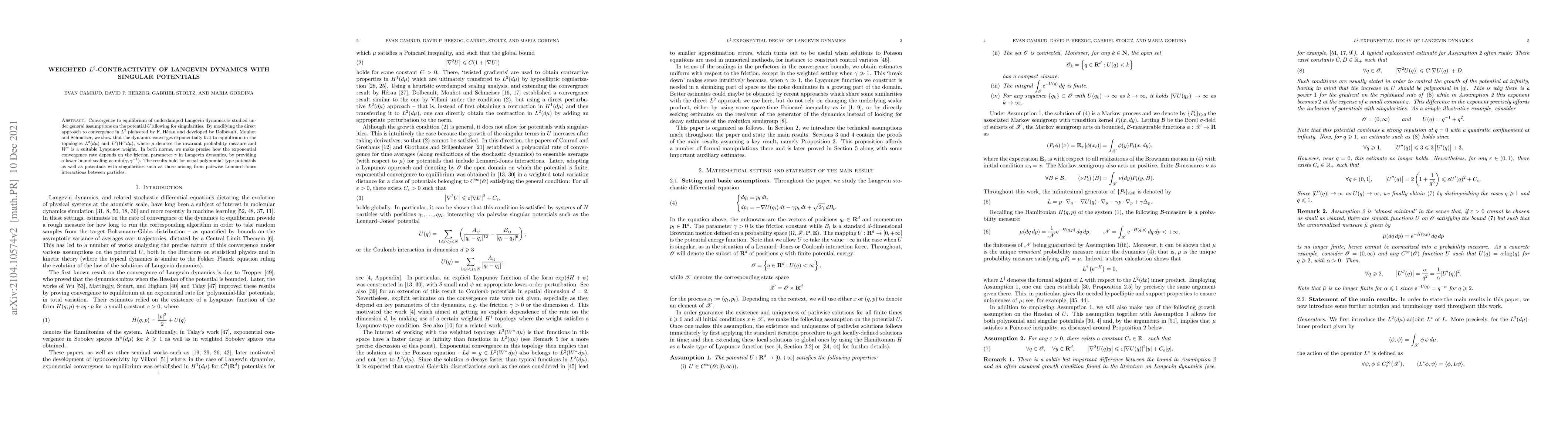 Thumbnail for Weighted $L^2$-contractivity of Langevin dynamics with singular
  potentials