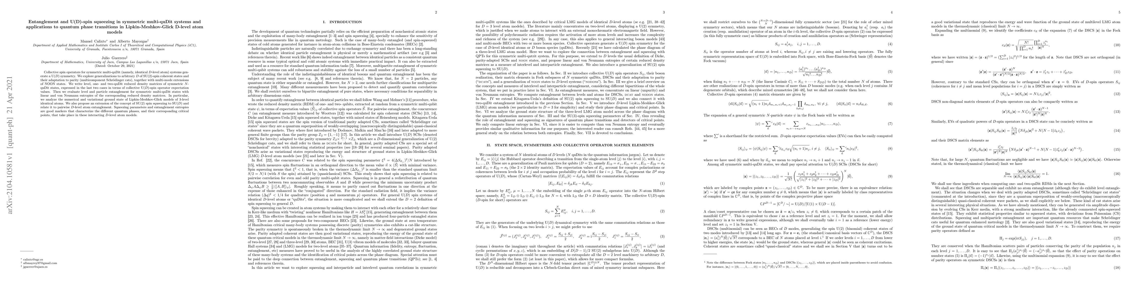 Thumbnail for Entanglement and U(D)-spin squeezing in symmetric multi-quDit systems
  and applications to quantum phase transitions in Lipkin-Meshkov-Glick D-level
  atom models
