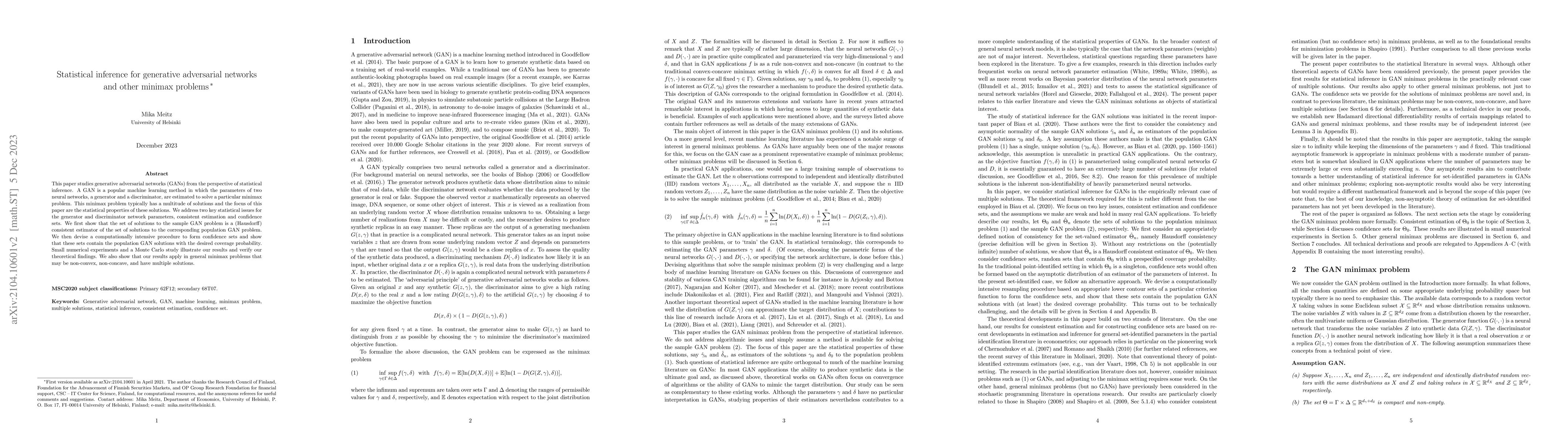 Thumbnail for Statistical inference for generative adversarial networks and other
  minimax problems