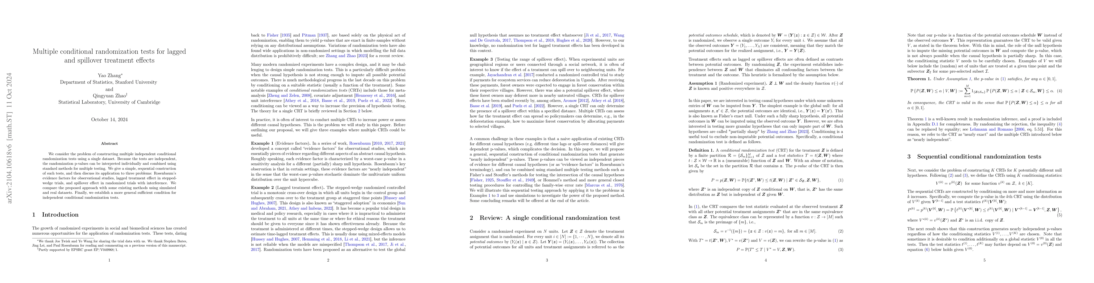Thumbnail for Multiple conditional randomization tests for lagged and spillover
  treatment effects