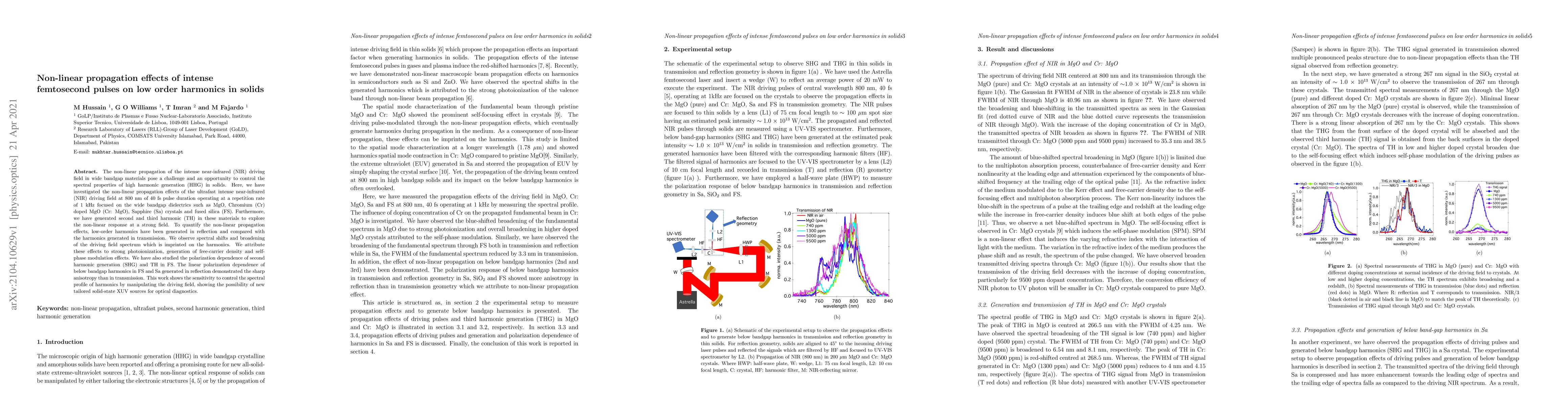 Thumbnail for Non-linear propagation effects of intense femtosecond pulses on low
  order harmonics in solids