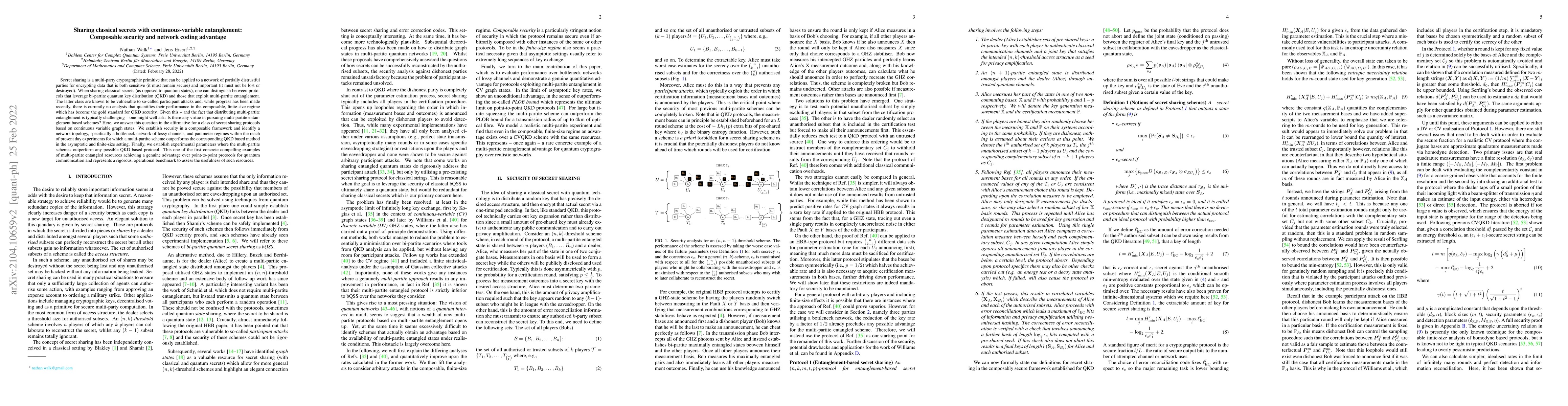 Thumbnail for Sharing classical secrets with continuous-variable entanglement:
  Composable security and network coding advantage