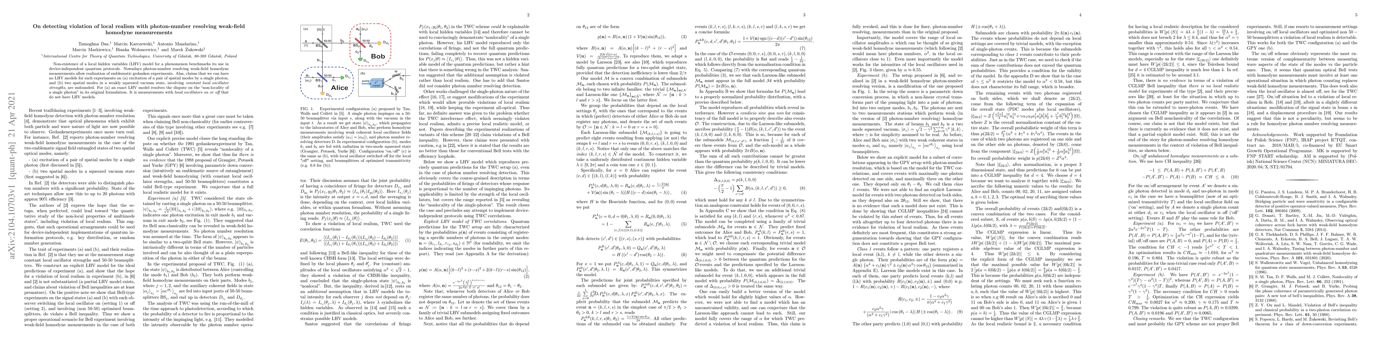 Thumbnail for On detecting violation of local realism with photon-number resolving
  weak-field homodyne measurements