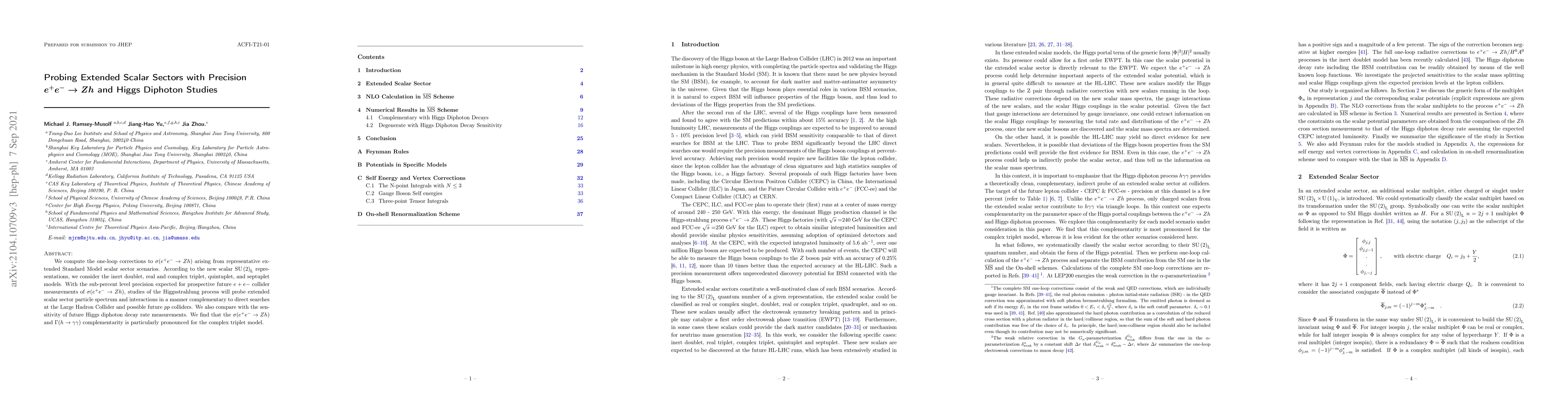 Thumbnail for Probing Extended Scalar Sectors with Precision $e^+e^-\to Zh$ and Higgs
  Diphoton Studies