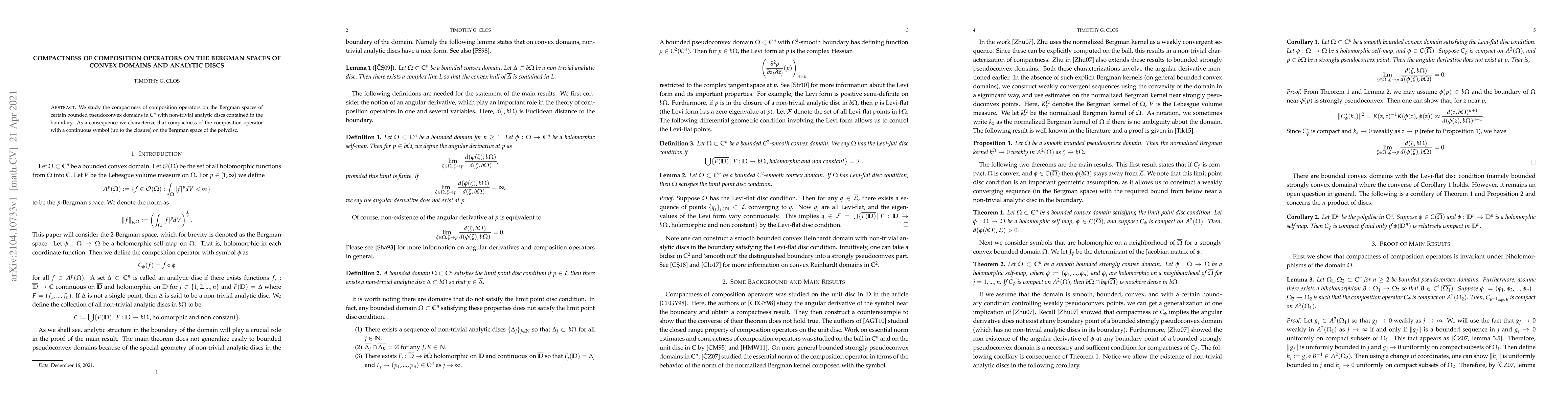 Thumbnail for Compactness of composition operators on the Bergman spaces of convex
  domains and analytic discs