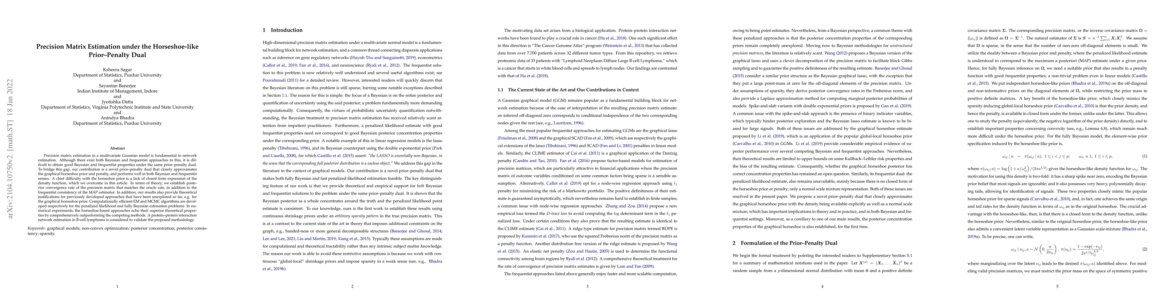 Thumbnail for Precision Matrix Estimation under the Horseshoe-like Prior-Penalty Dual