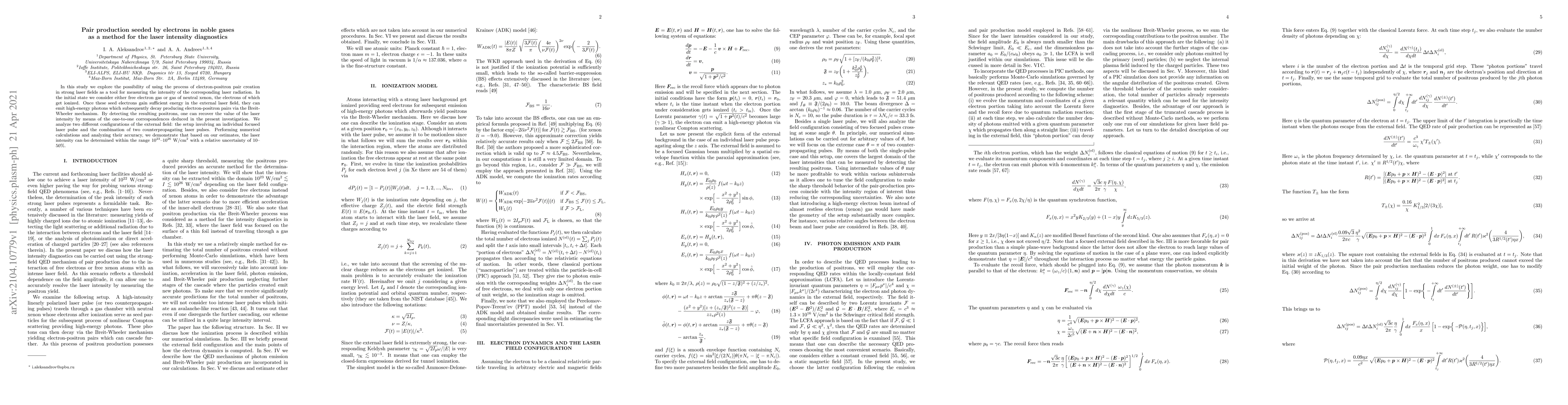 Thumbnail for Pair production seeded by electrons in noble gases as a method for the
  laser intensity diagnostics