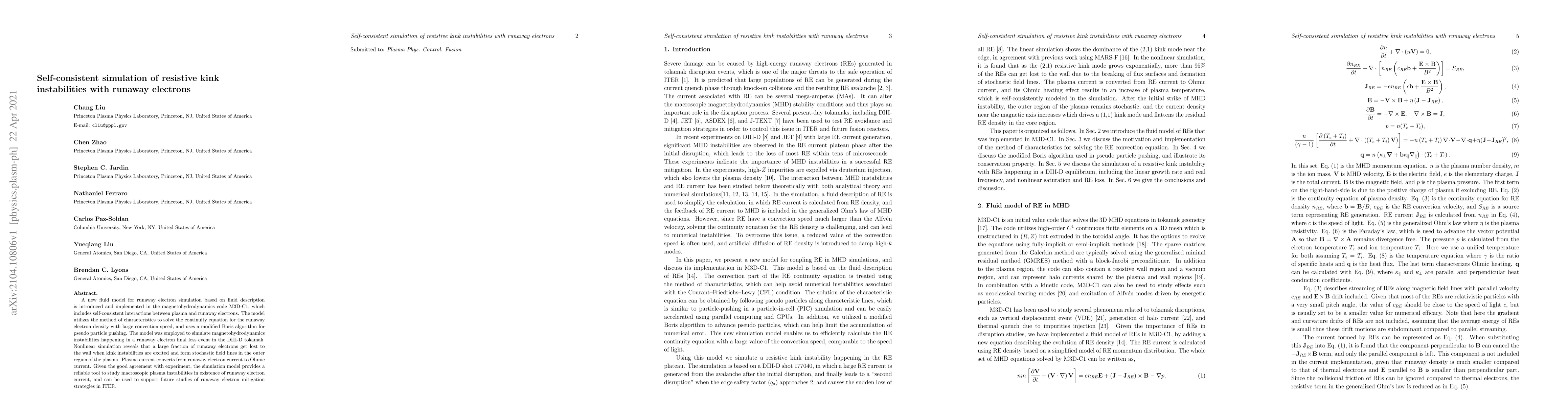 Thumbnail for Self-consistent simulation of resistive kink instabilities with runaway
  electrons