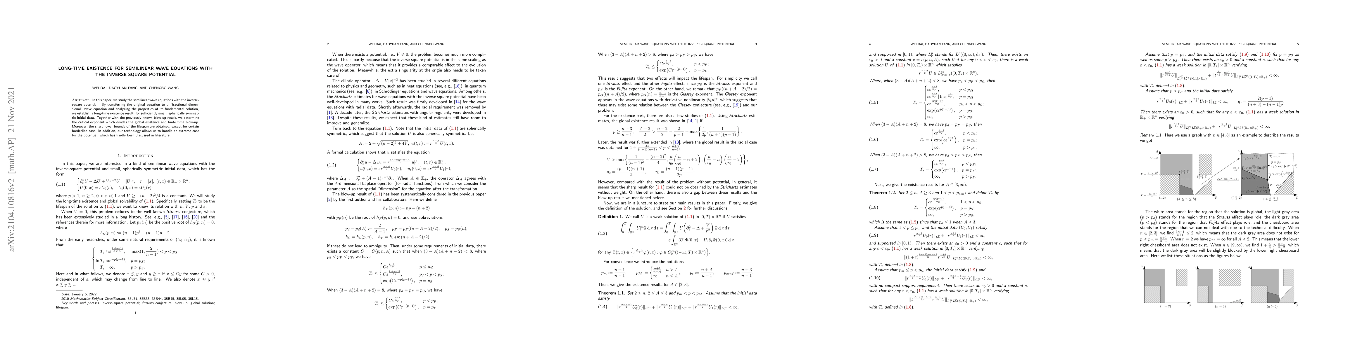 Thumbnail for Long time existence for semilinear wave equations with the
  inverse-square potential