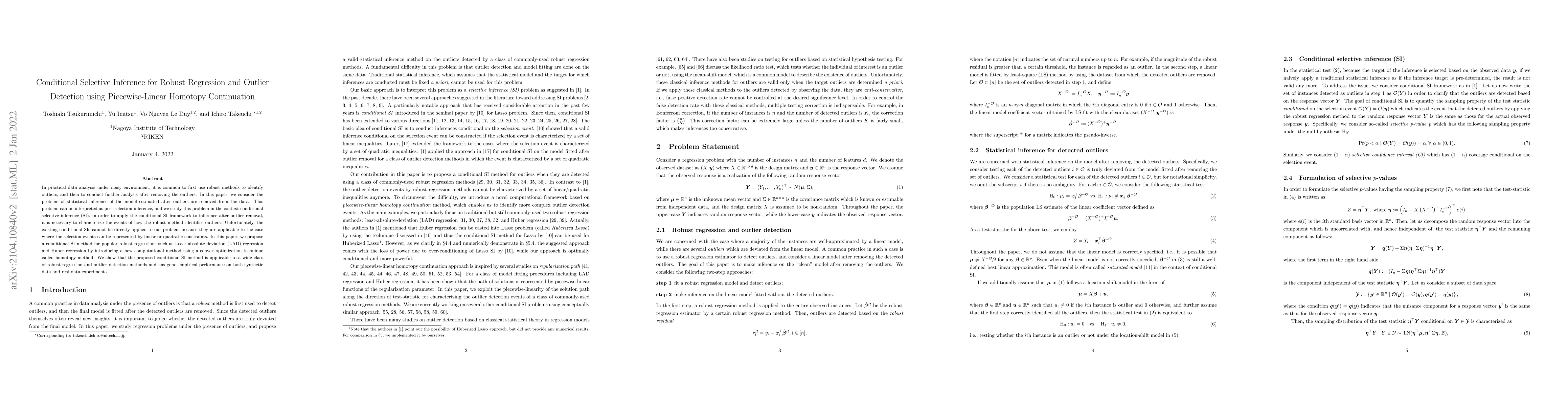 Thumbnail for Conditional Selective Inference for Robust Regression and Outlier
  Detection using Piecewise-Linear Homotopy Continuation