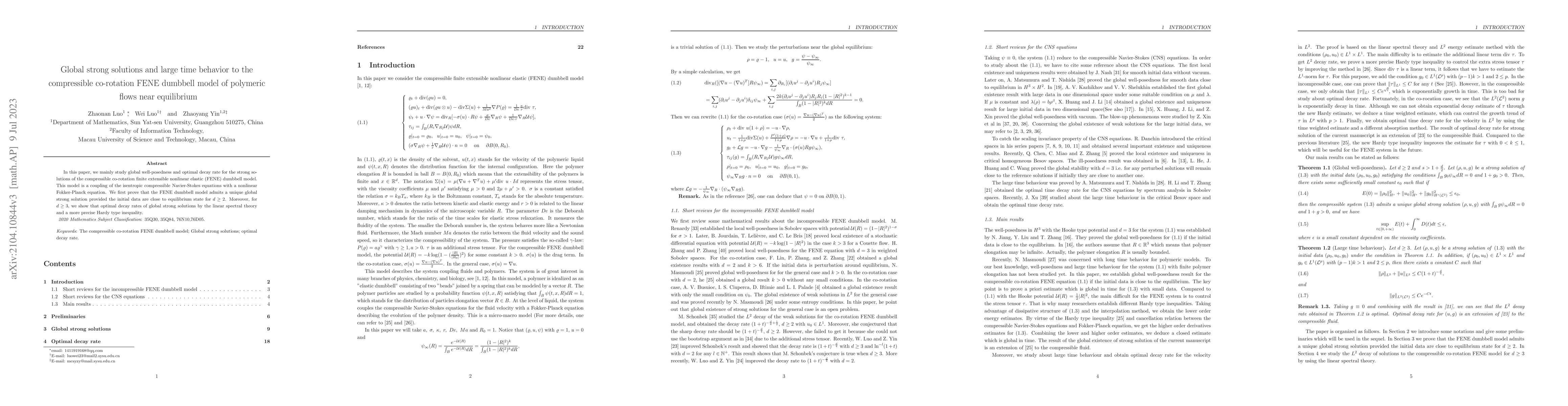 Thumbnail for Global strong solutions and large time behavior to the compressible
  co-rotation FENE dumbbell model of polymeric flows near equilibrium