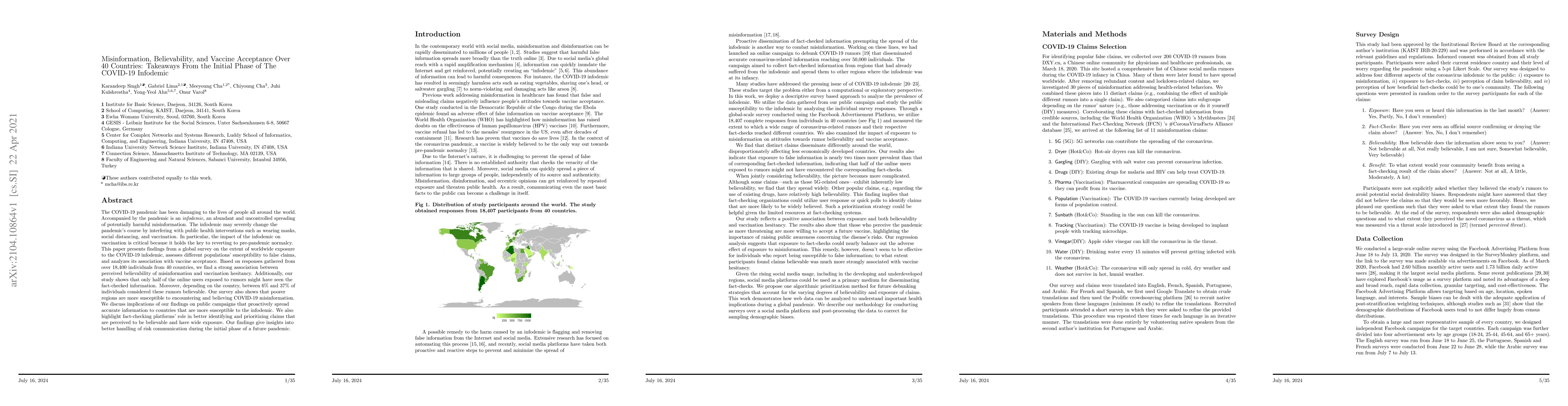 Thumbnail for Misinformation, Believability, and Vaccine Acceptance Over 40 Countries:
  Takeaways From the Initial Phase of The COVID-19 Infodemic