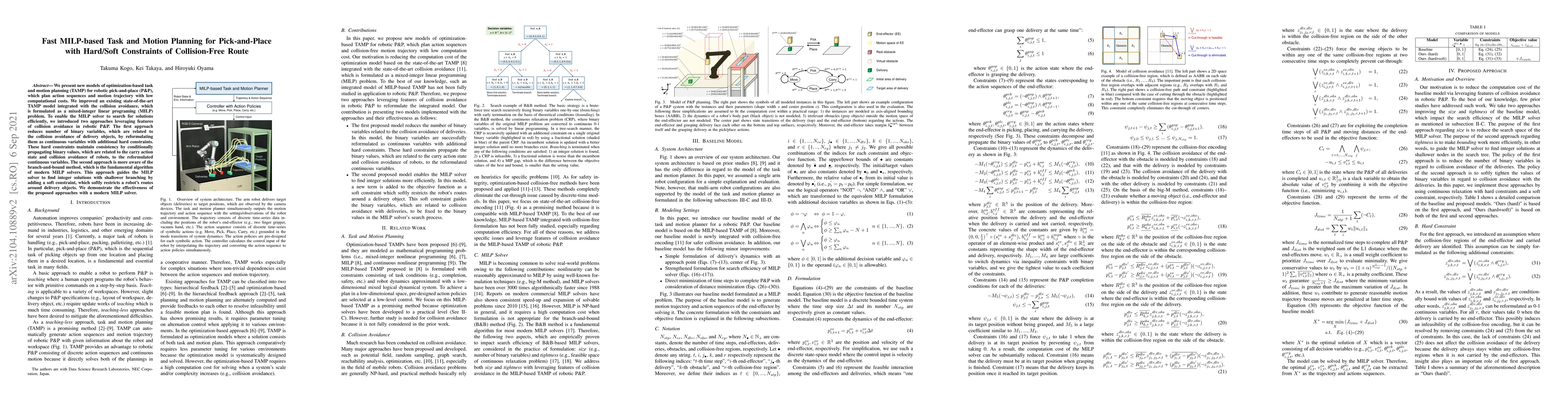 Thumbnail for Fast MILP-based Task and Motion Planning for Pick-and-Place with
  Hard/Soft Constraints of Collision-Free Route