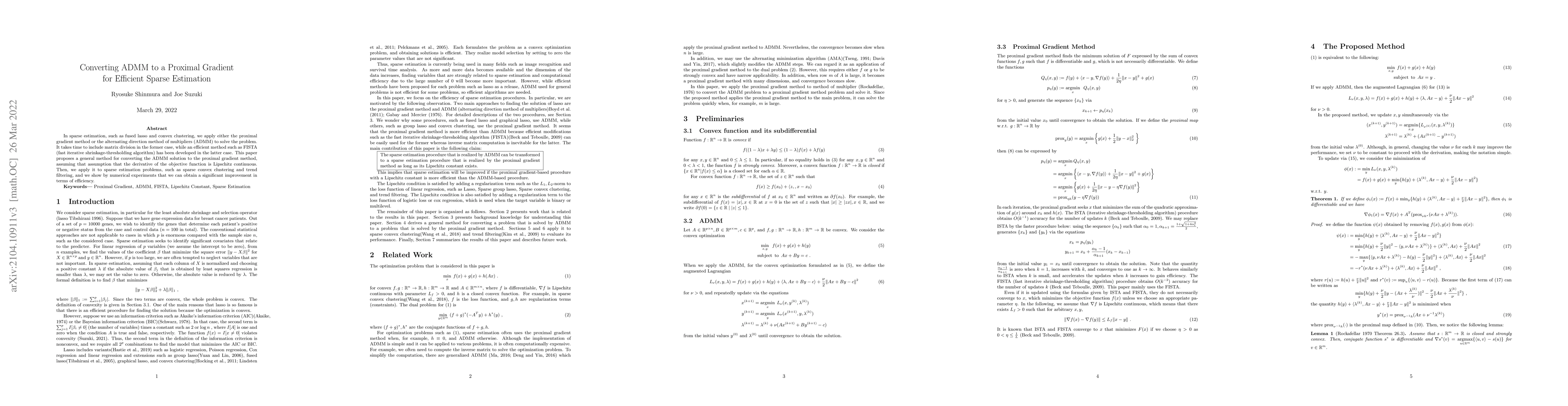 Thumbnail for Converting ADMM to a Proximal Gradient for Efficient Sparse Estimation