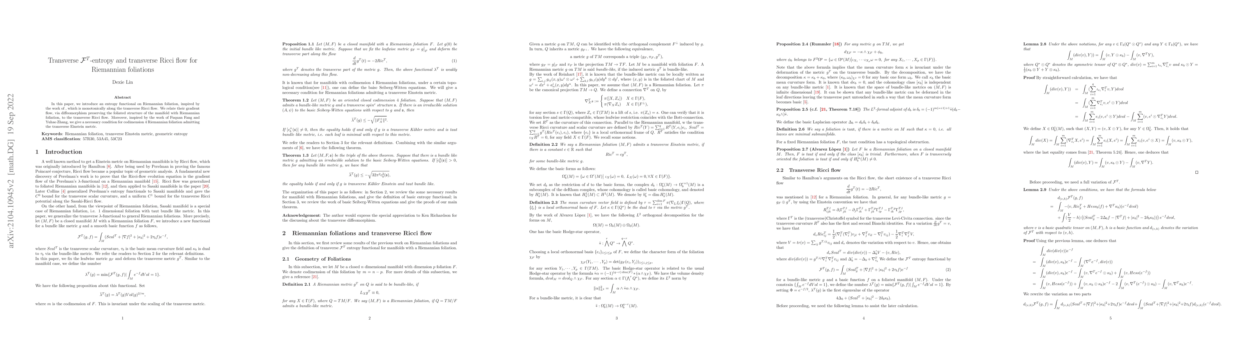 Thumbnail for Transverse $\mathcal F^T$-entropy and transverse Ricci flow for
  Riemannian foliations
