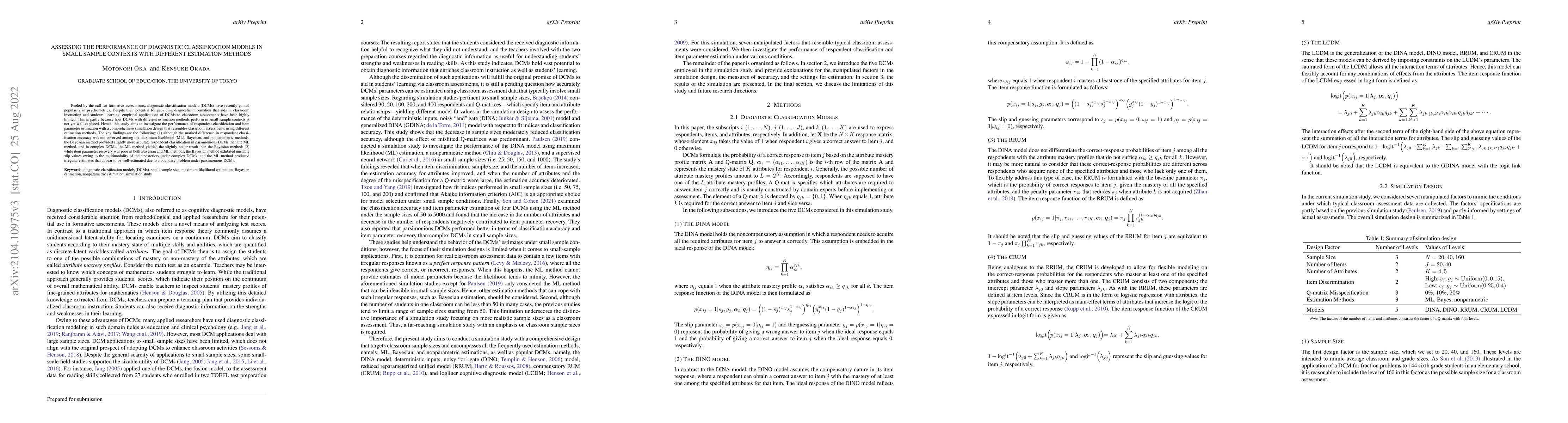 Thumbnail for Assessing the Performance of Diagnostic Classification Models in Small
  Sample Contexts with Different Estimation Methods
