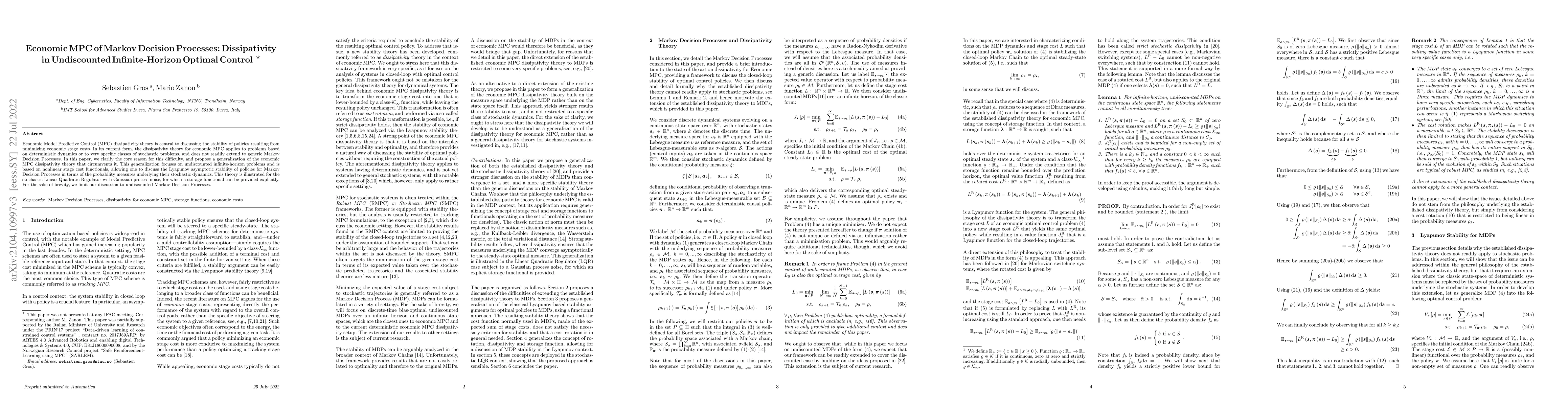 Thumbnail for Economic MPC of Markov Decision Processes: Dissipativity in Undiscounted
  Infinite-Horizon Optimal Control