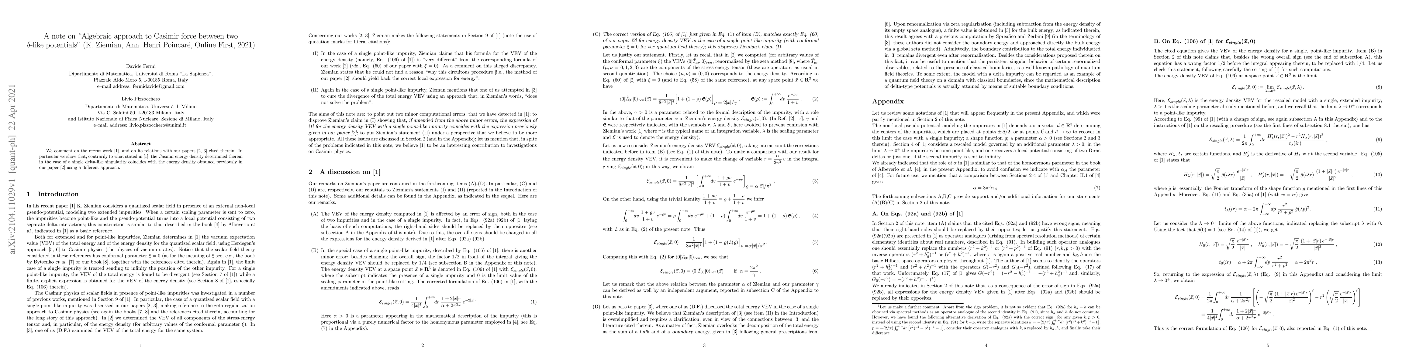 Thumbnail for A note on "Algebraic approach to Casimir force between two $\delta$-like
  potentials" (K. Ziemian, Ann. Henri Poincar\'e, Online First, 2021)