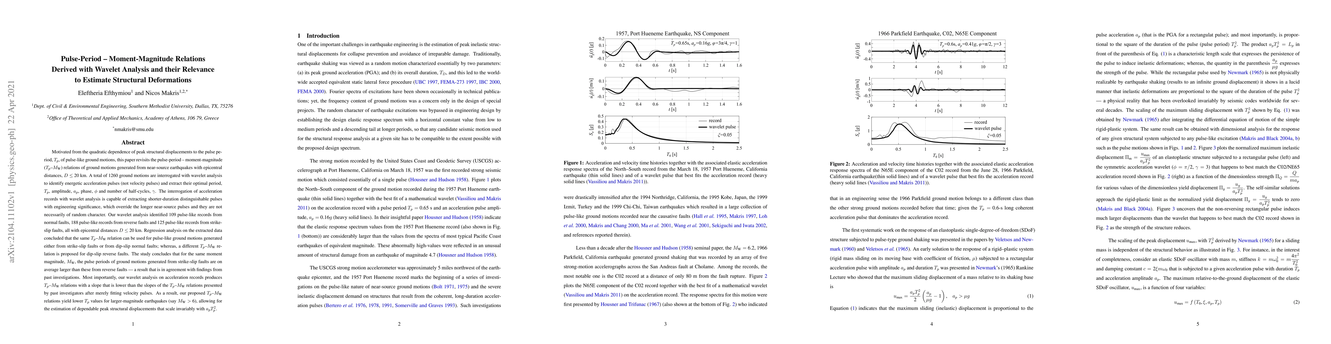 Thumbnail for Pulse-Period--Moment-Magnitude Relations Derived with Wavelet Analysis
  and their Relevance to Estimate Structural Deformations