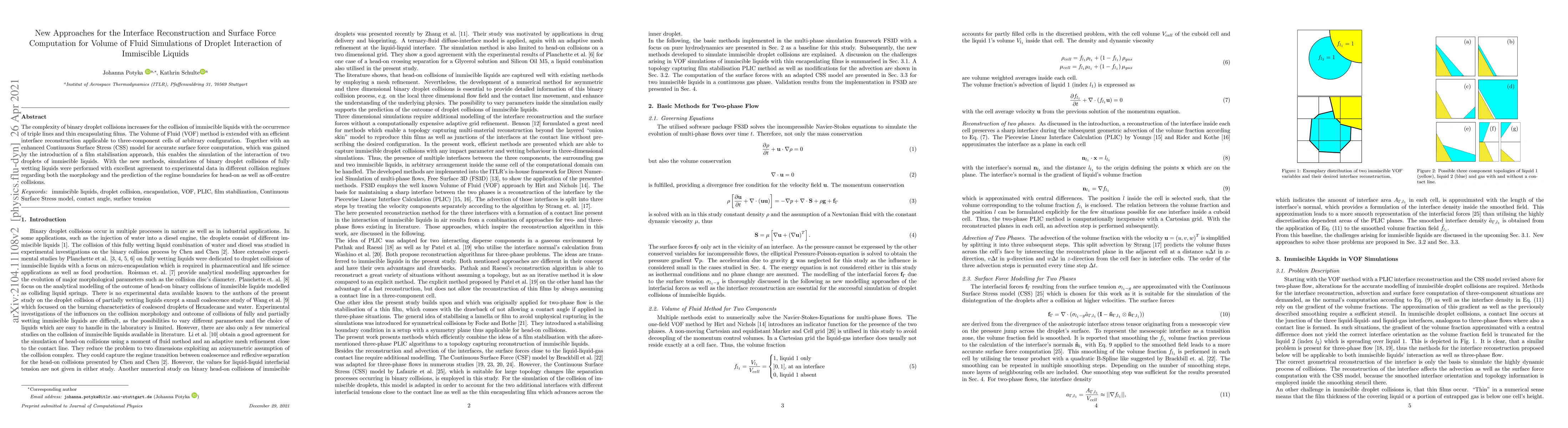 Thumbnail for New Approaches for the Interface Reconstruction and Surface Force
  Computation for Volume of Fluid Simulations of Droplet Interaction of
  Immiscible Liquids