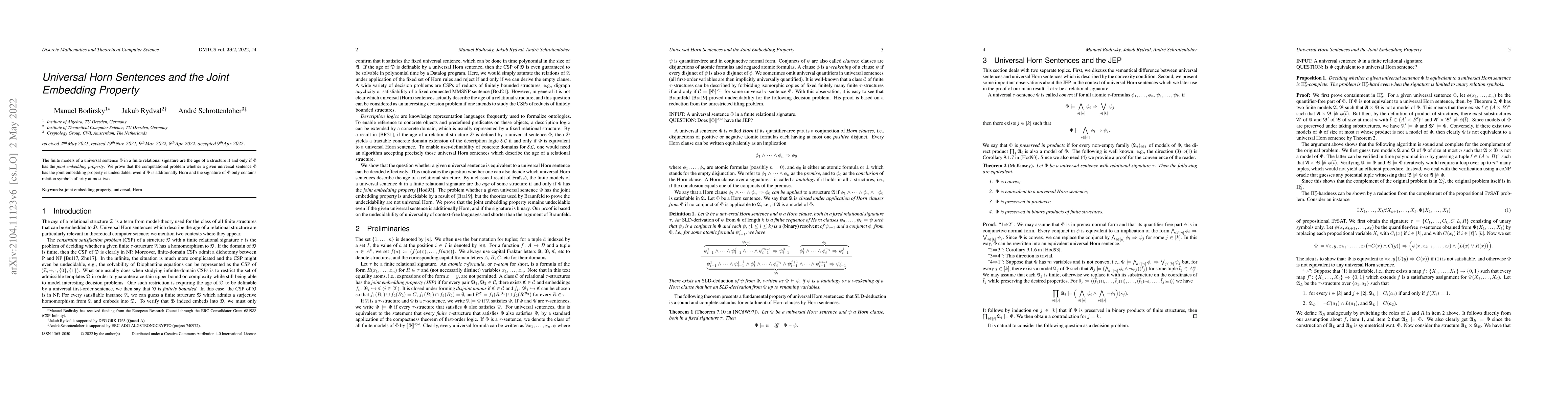 Thumbnail for Universal Horn Sentences and the Joint Embedding Property