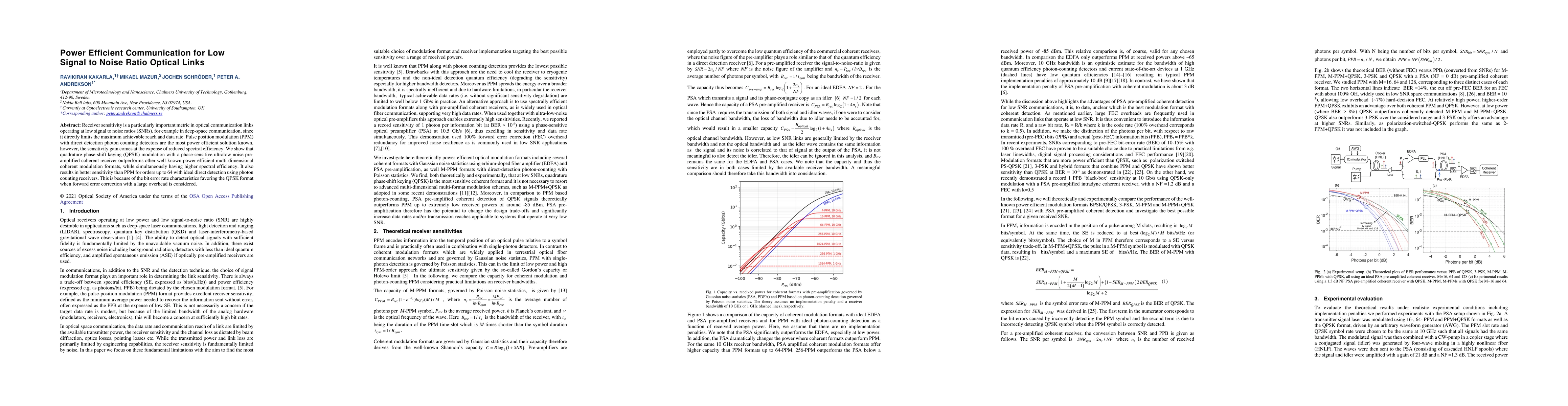 Thumbnail for Power Efficient Communication for Low Signal to Noise Ratio Optical
  Links