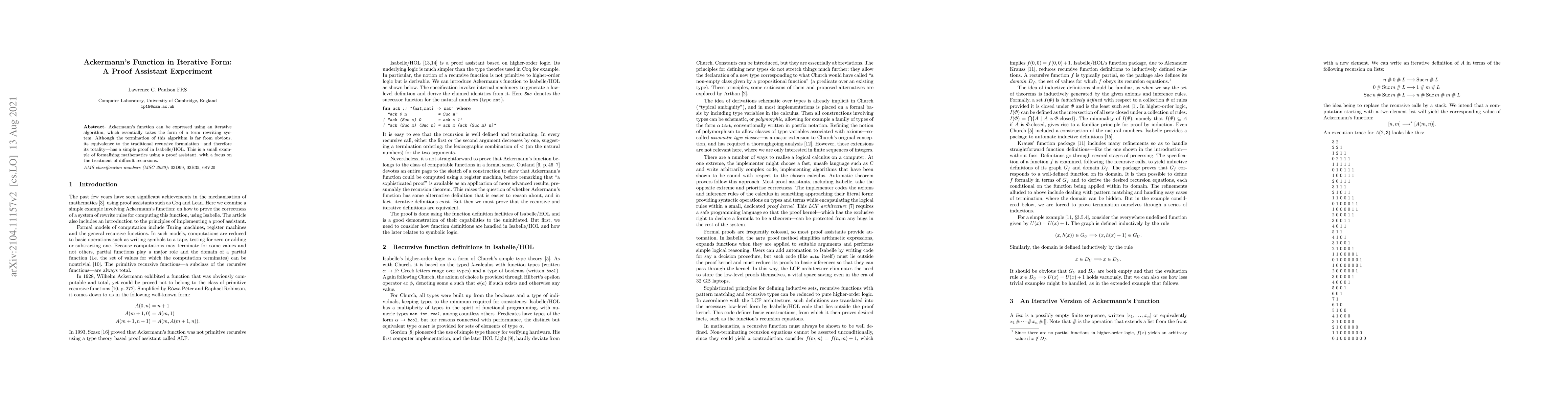 Thumbnail for Ackermann's Function in Iterative Form: A Proof Assistant Experiment