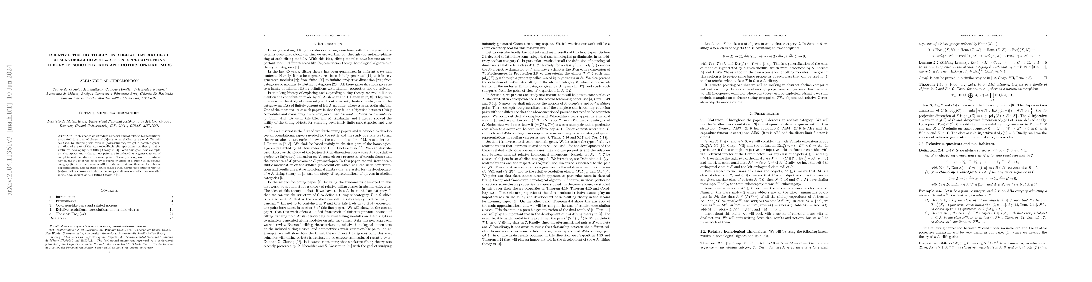 Thumbnail for Relative tilting theory in abelian categories I:
  Auslander-Buchweitz-Reiten approximations theory in subcategories and
  cotorsion pairs