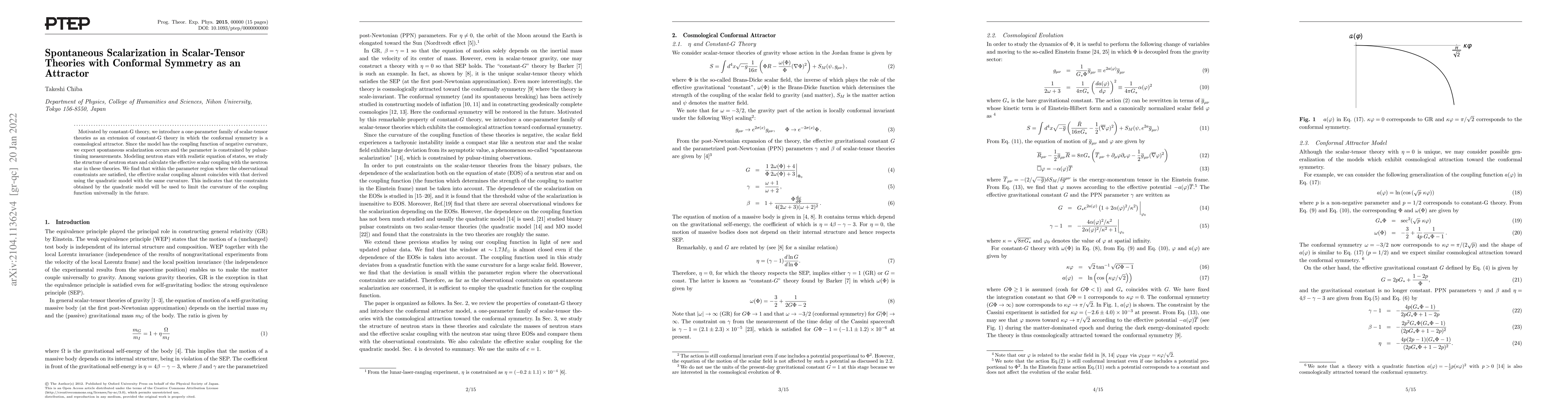 Thumbnail for Spontaneous Scalarization in Scalar-Tensor Theories with Conformal
  Symmetry as an Attractor