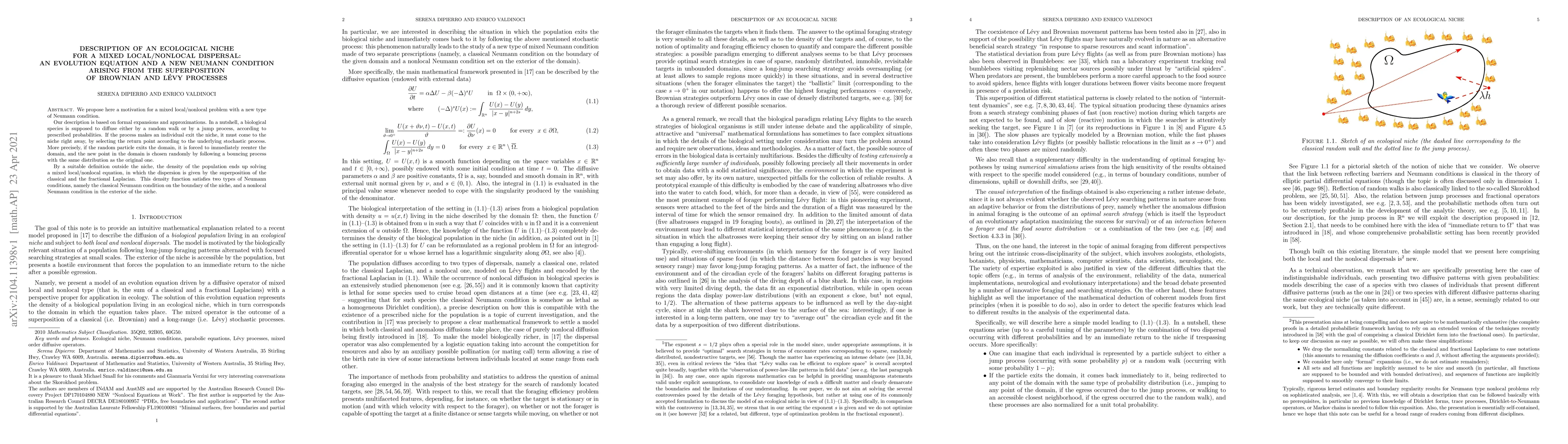 Thumbnail for Description of an ecological niche for a mixed local/nonlocal dispersal:
  an evolution equation and a new Neumann condition arising from the
  superposition of Brownian and L\'evy processes
