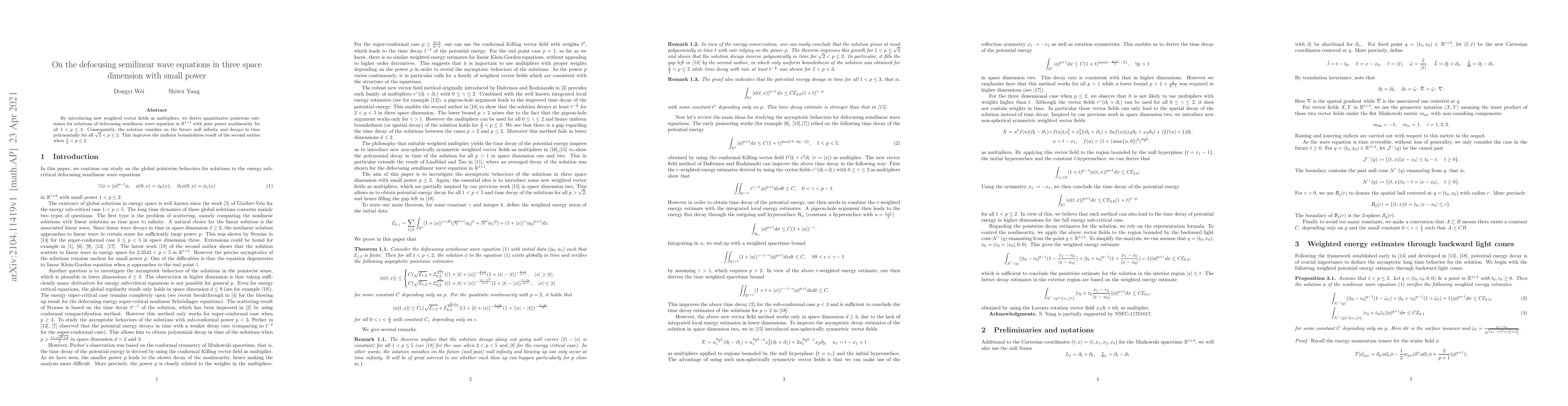 Thumbnail for On the defocusing semilinear wave equations in three space dimension
  with small power