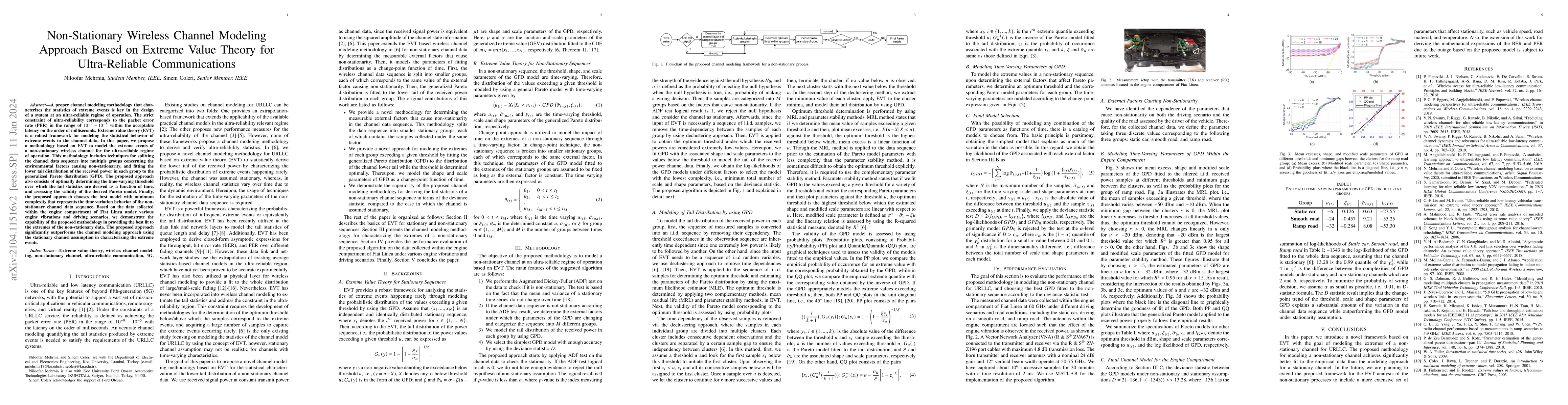 Thumbnail for Non-Stationary Wireless Channel Modeling Approach Based on Extreme Value
  Theory for Ultra-Reliable Communications