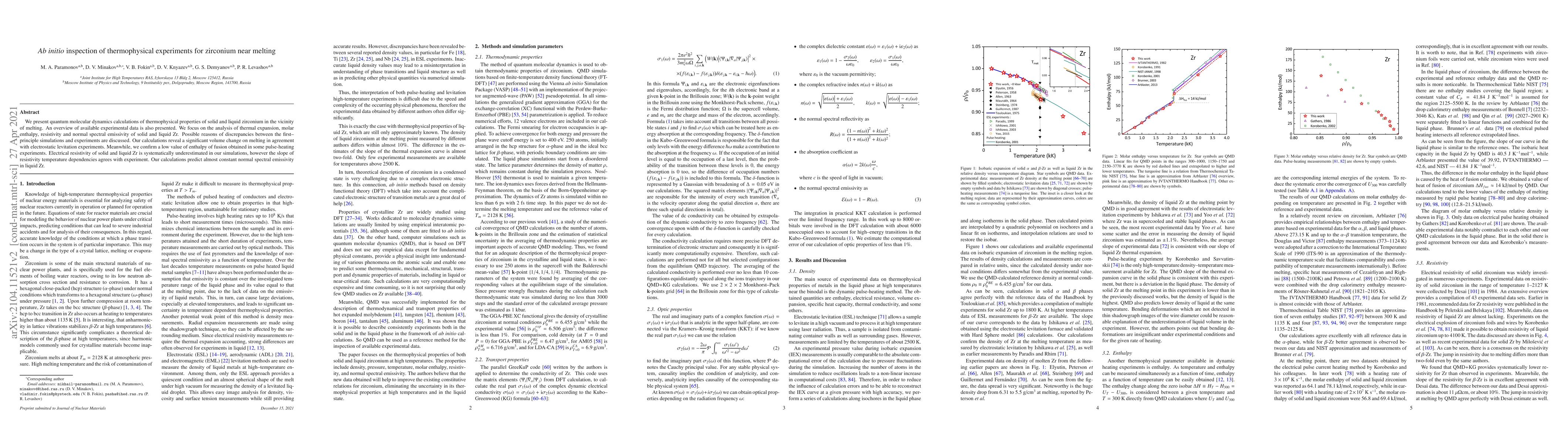 Thumbnail for Ab initio inspection of thermophysical experiments for zirconium near
  melting
