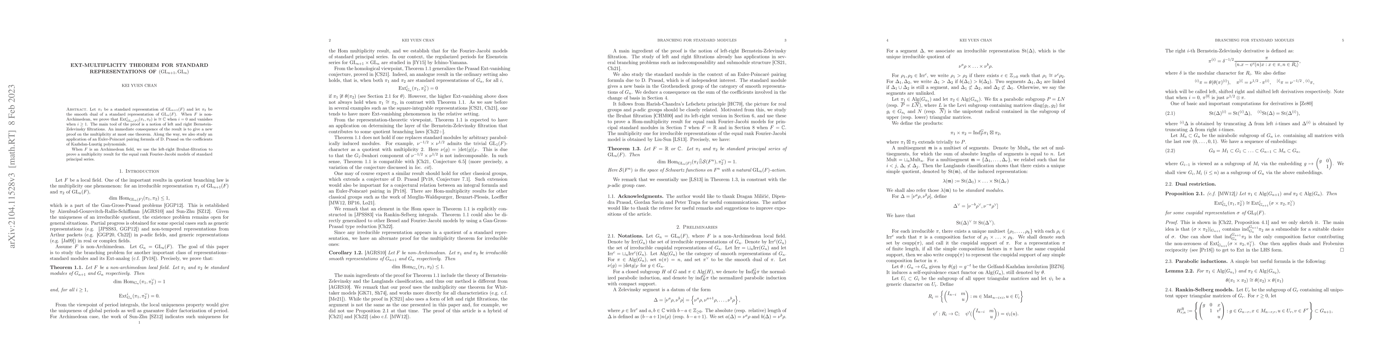 Thumbnail for Ext-Multiplicity Theorem for Standard Representations of
  $(\mathrm{GL}_{n+1},\mathrm{GL}_n)$