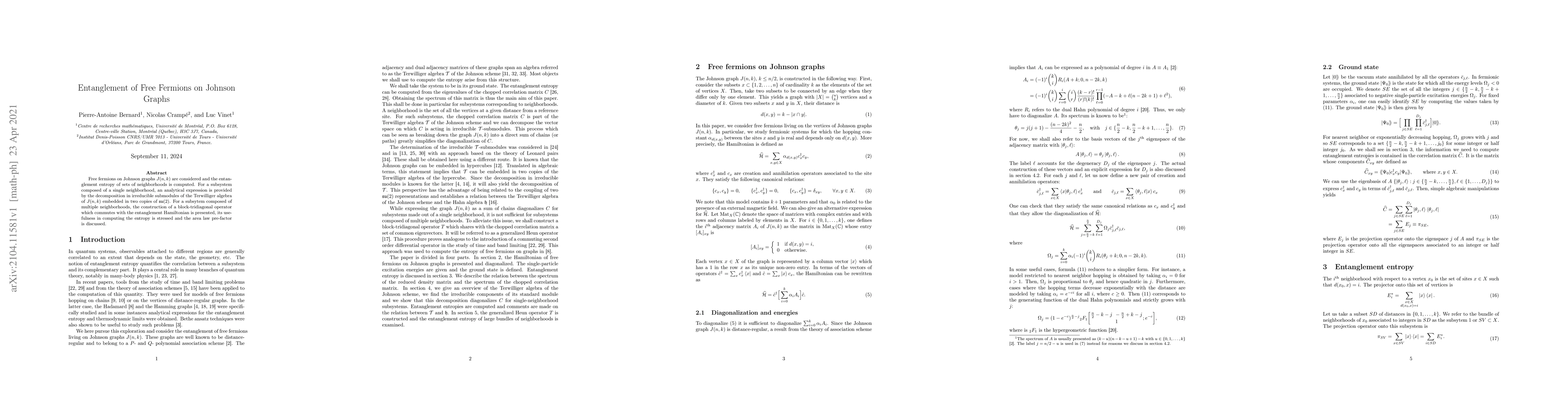 Thumbnail for Entanglement of Free Fermions on Johnson Graphs