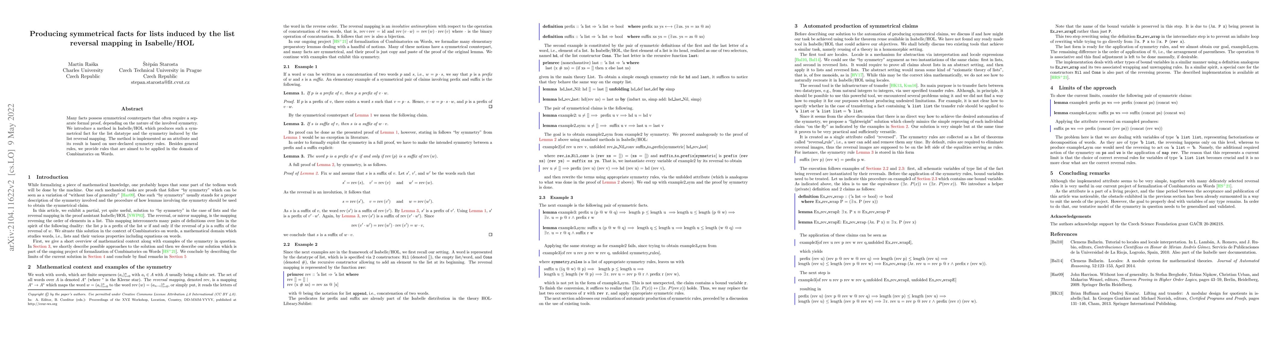 Thumbnail for Producing symmetrical facts for lists induced by the list reversal
  mapping in Isabelle/HOL