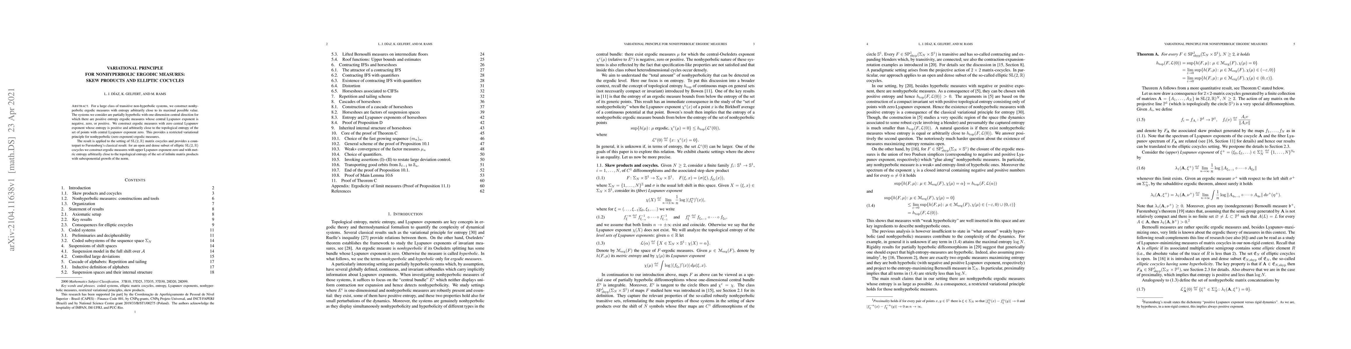 Thumbnail for Variational principle for nonhyperbolic ergodic measures: Skew products
  and elliptic cocycles