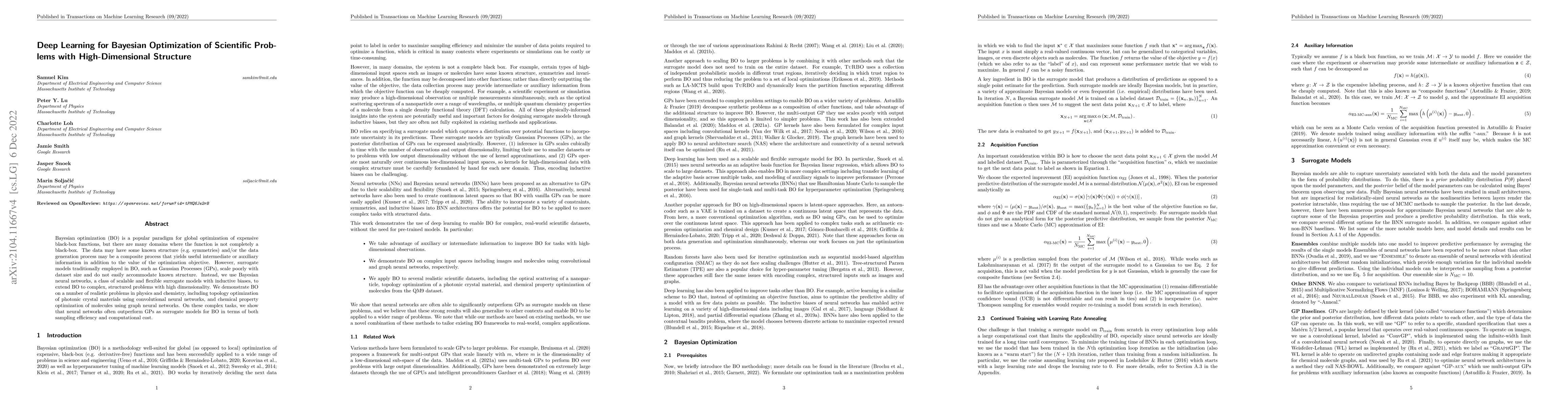 Thumbnail for Deep Learning for Bayesian Optimization of Scientific Problems with
  High-Dimensional Structure