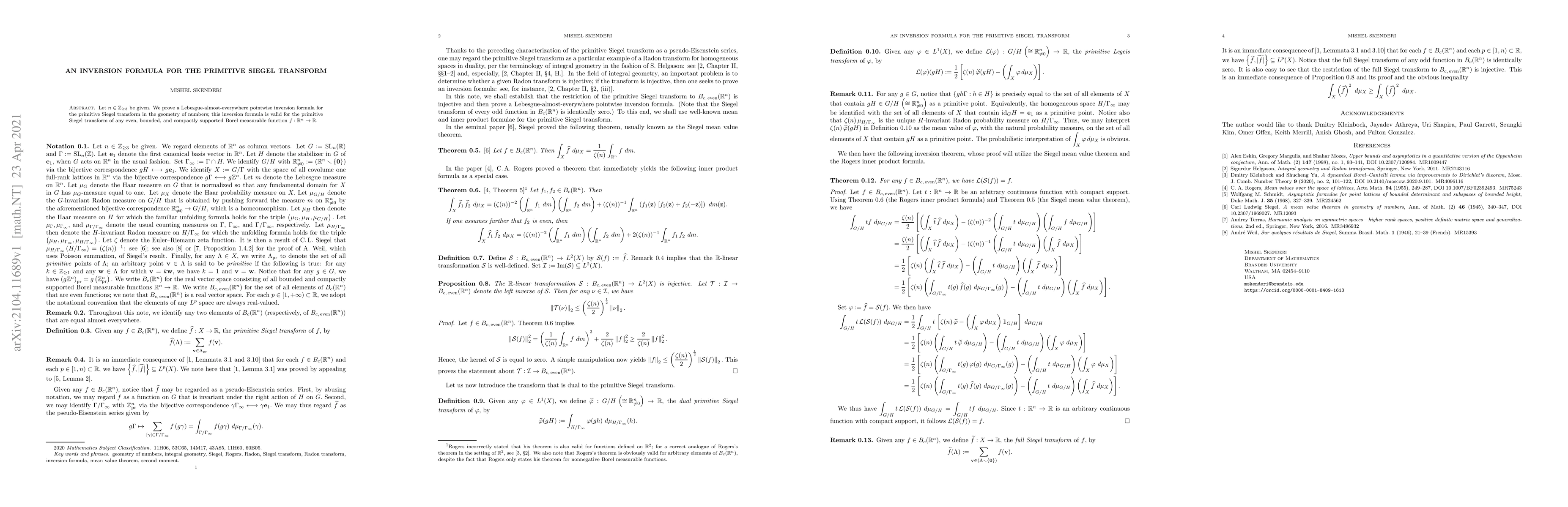 Thumbnail for Inversion formulae for Siegel transforms