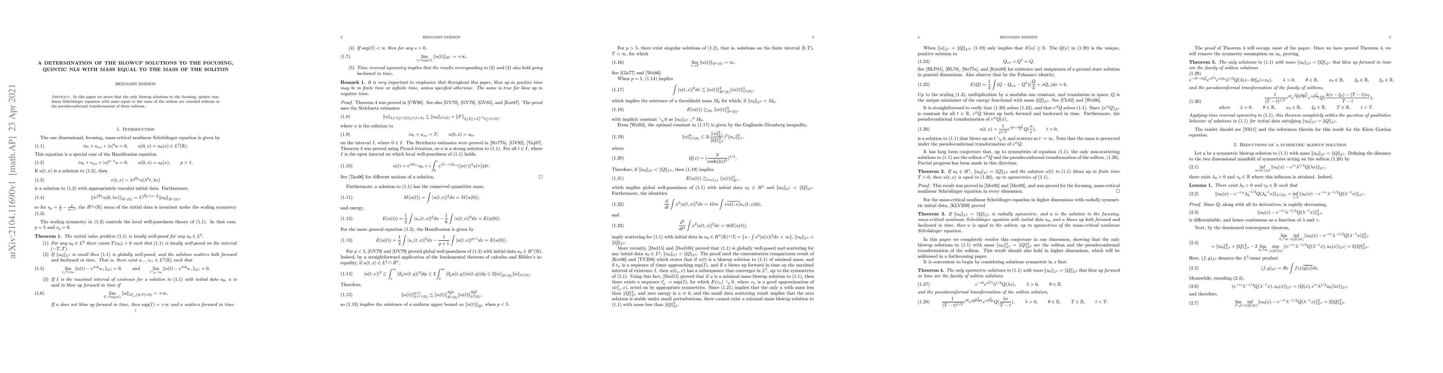 Thumbnail for A determination of the blowup solutions to the focusing, quintic NLS
  with mass equal to the mass of the soliton
