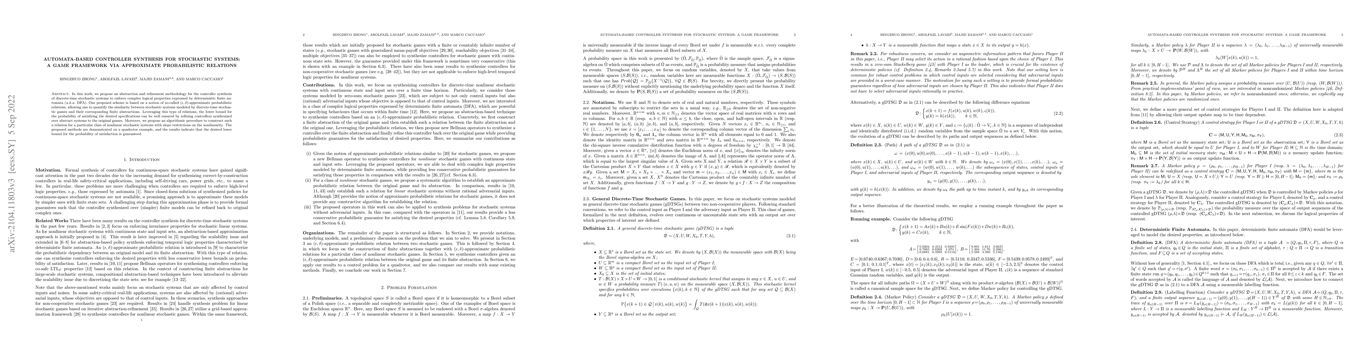 Thumbnail for Automata-based Controller Synthesis for Stochastic Systems: A Game
  Framework via Approximate Probabilistic Relations