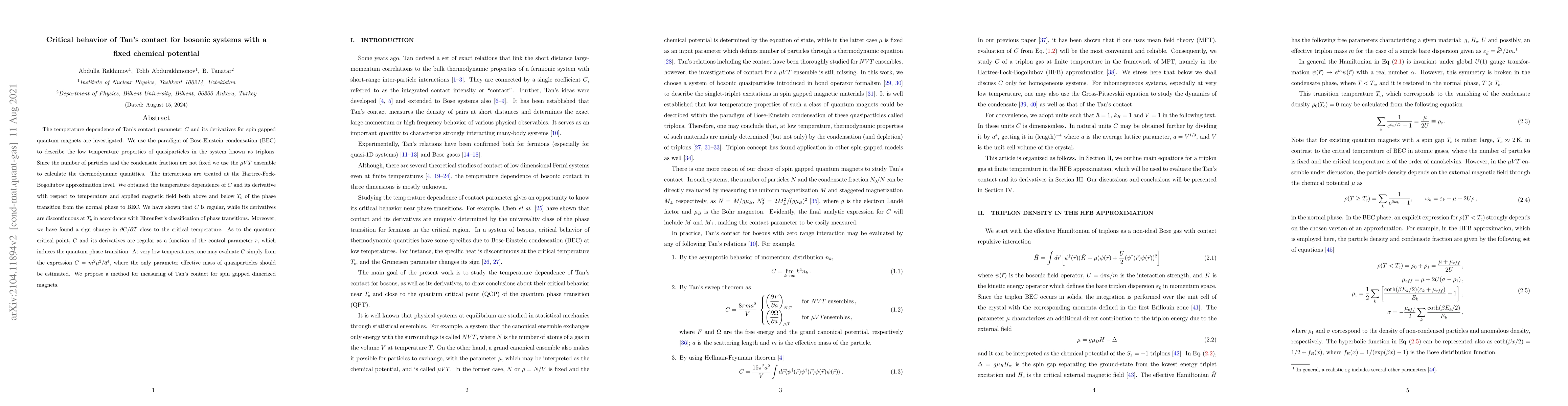 Thumbnail for Critical behavior of Tan's contact for bosonic systems with a fixed
  chemical potential
