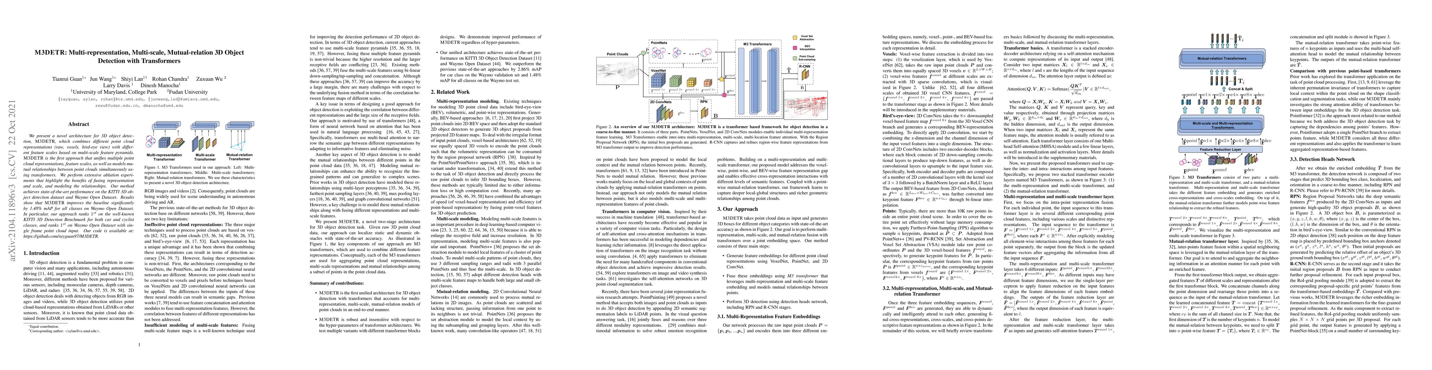 Thumbnail for M3DeTR: Multi-representation, Multi-scale, Mutual-relation 3D Object
  Detection with Transformers