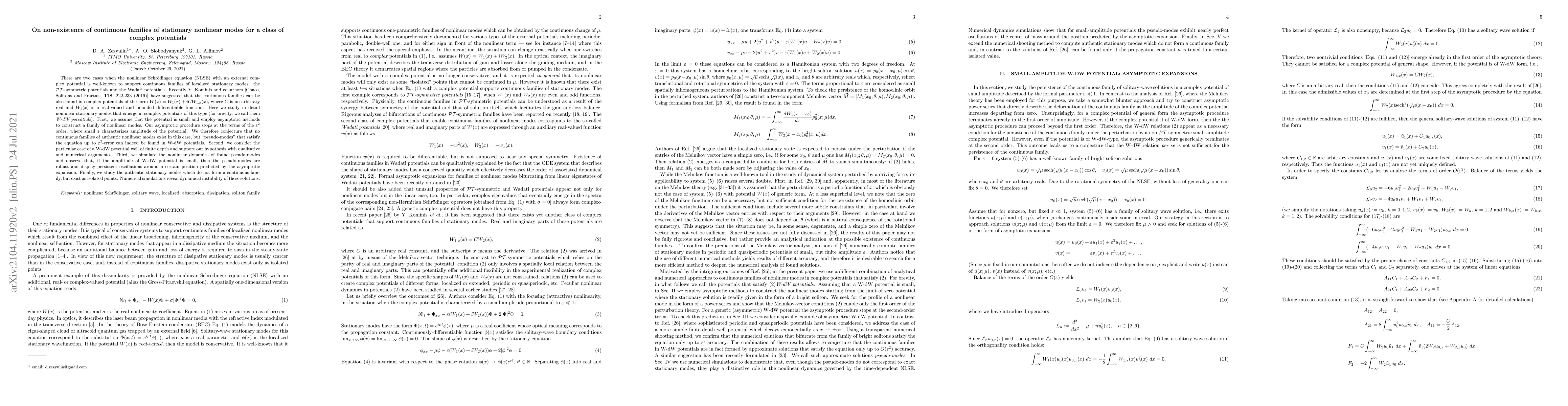 Thumbnail for On non-existence of continuous families of stationary nonlinear modes
  for a class of complex potentials