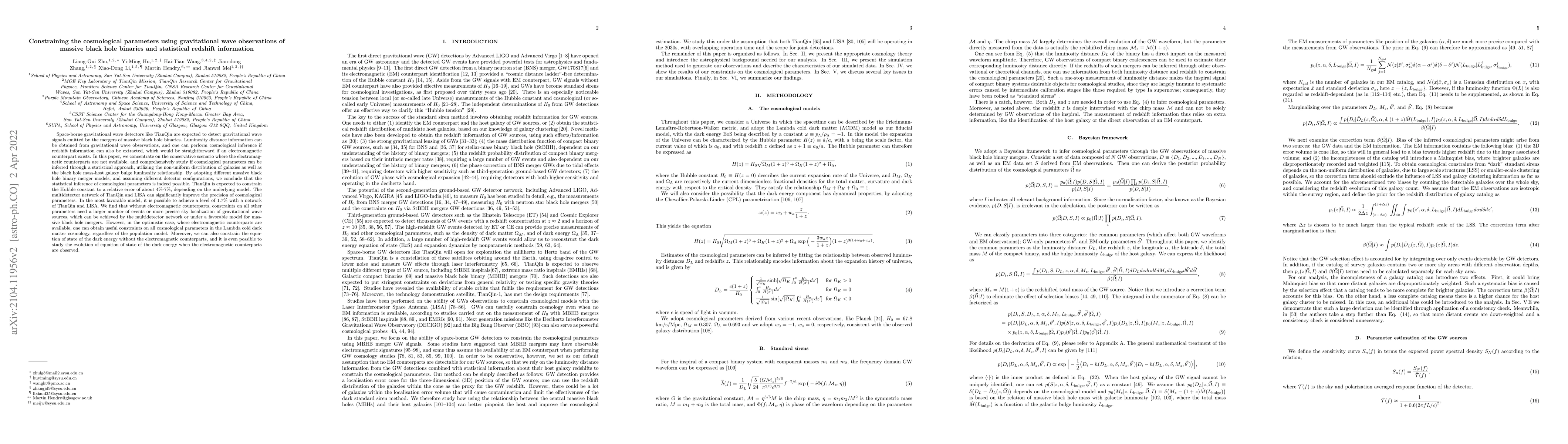 Thumbnail for Constraining the cosmological parameters using gravitational wave
  observations of massive black hole binaries and statistical redshift
  information