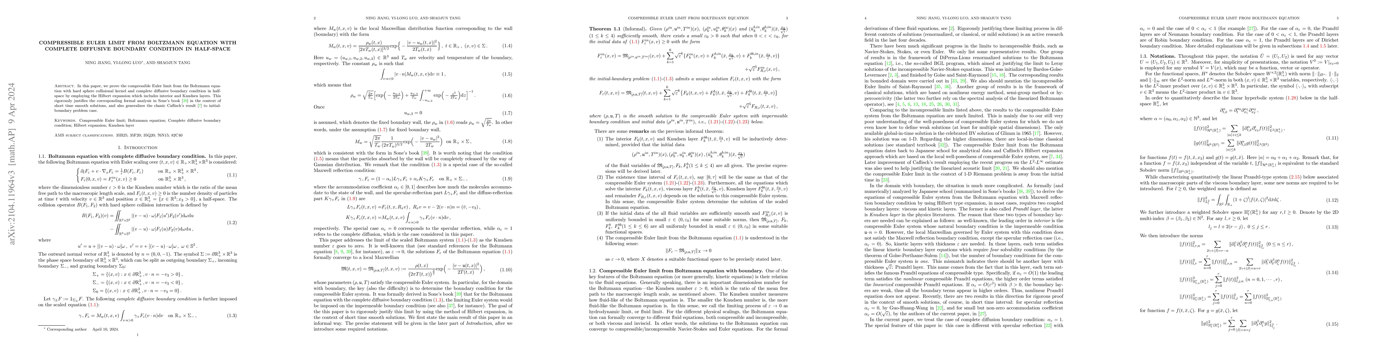 Thumbnail for Compressible Euler limit from Boltzmann equation with complete diffusive
  boundary condition in half-space
