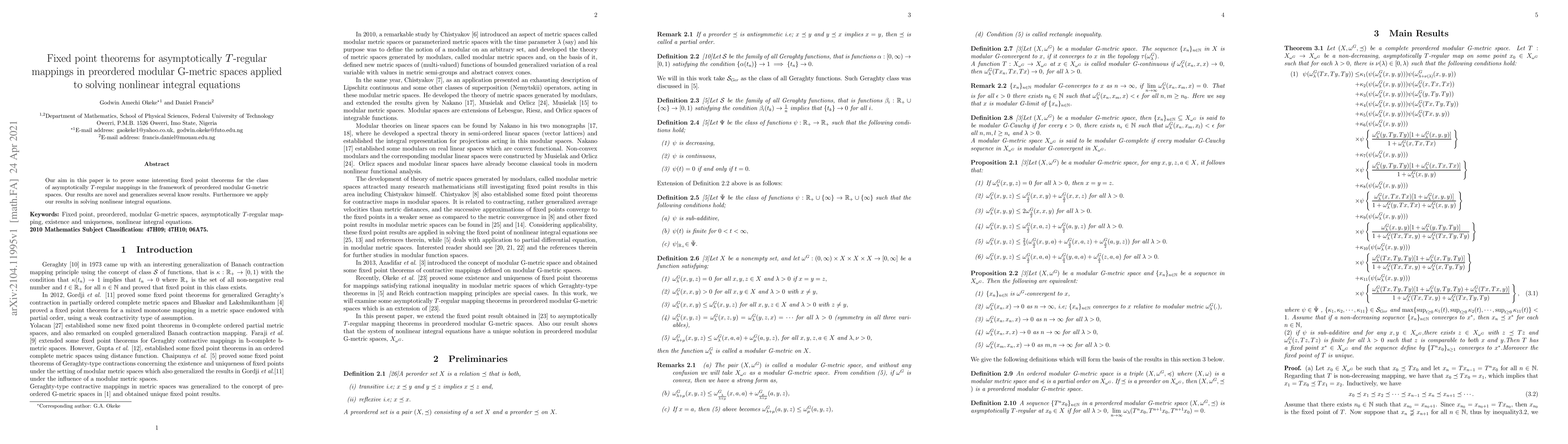 Thumbnail for Fixed point theorems for asymptotically $T$-regular mappings in
  preordered modular G-metric spaces applied to solving nonlinear integral
  equations