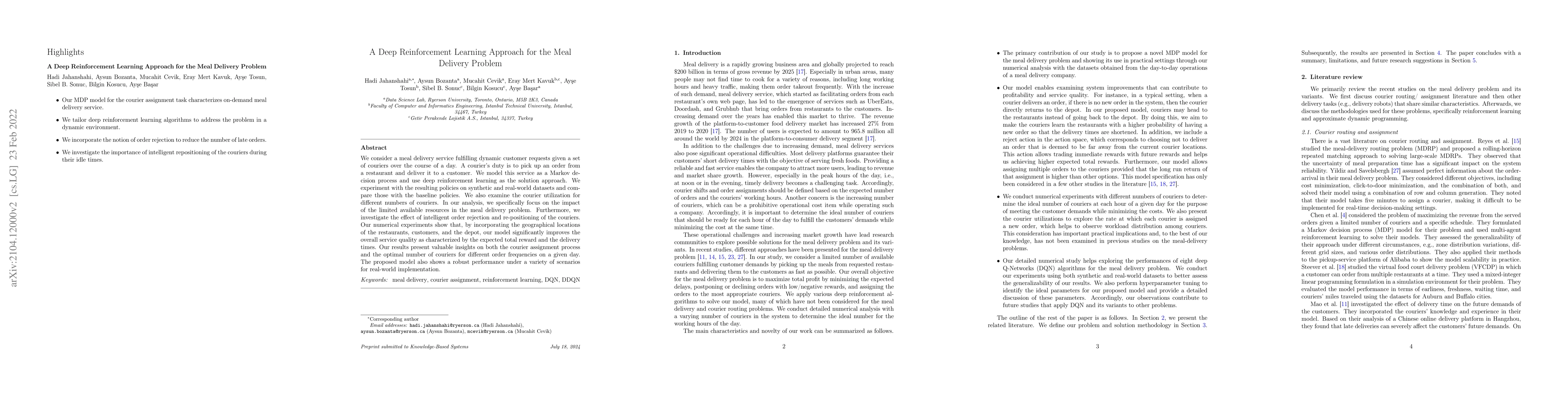 Thumbnail for A Deep Reinforcement Learning Approach for the Meal Delivery Problem