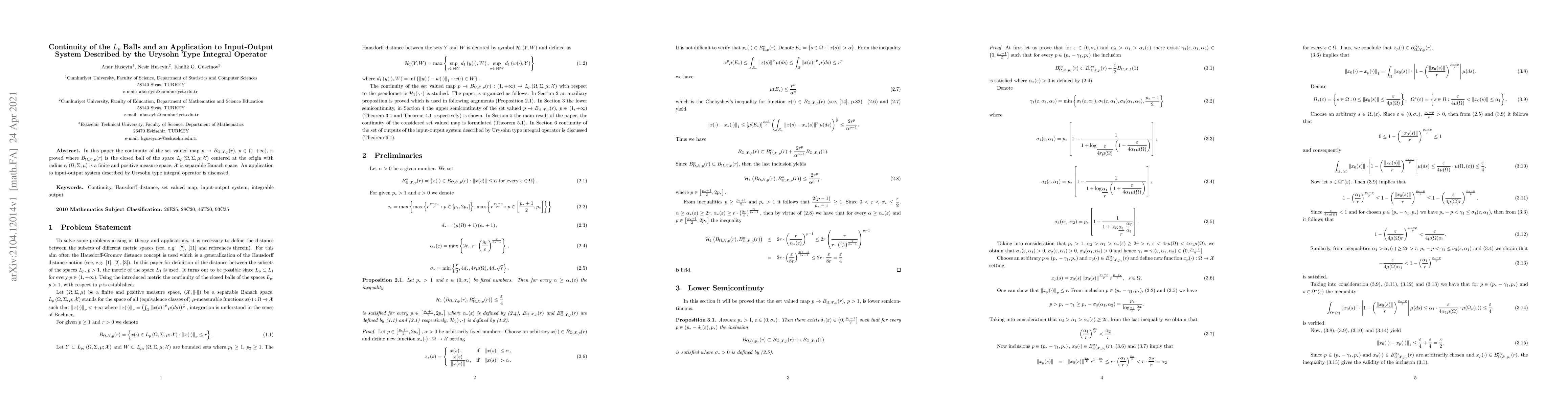 Thumbnail for Continuity of the $L_{p}$ Balls and an Application to Input-Output
  System Described by the Urysohn Type Integral Operator