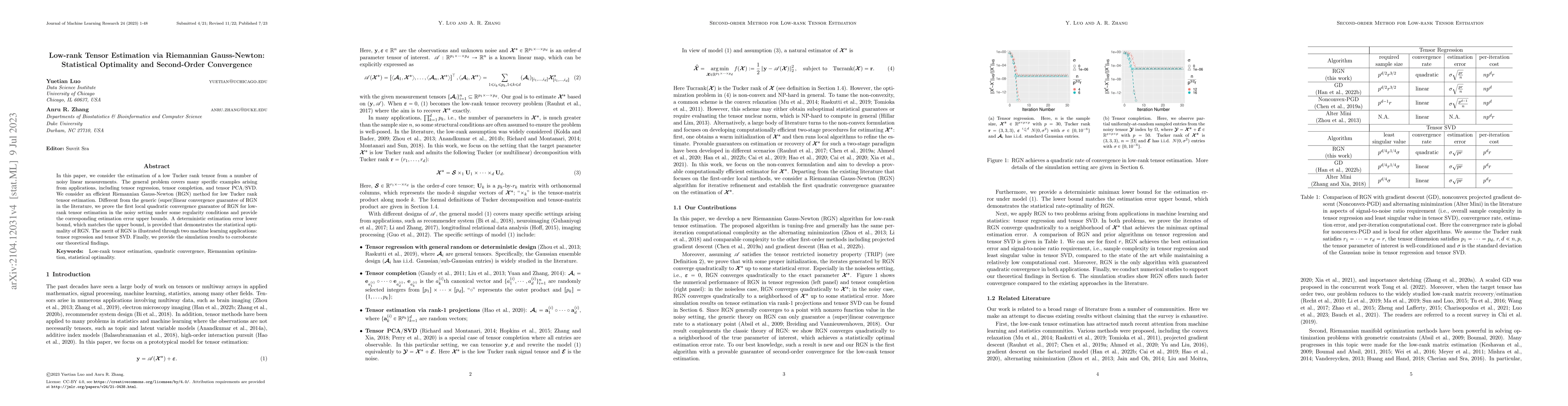 Thumbnail for Low-rank Tensor Estimation via Riemannian Gauss-Newton: Statistical
  Optimality and Second-Order Convergence
